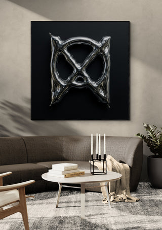 Liquid Chrome by Kristof ellertz in a black frame above a grey sofa with a round coffee table