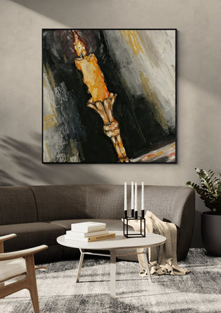 The night by Christin in a black frame above a grey sofa with a round coffee table