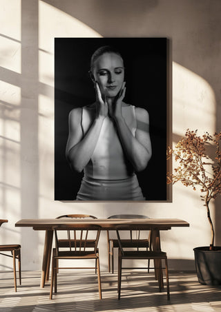 Quiet Light by Bettinafloorphoto hanging above a wooden dining table in warm sunlight