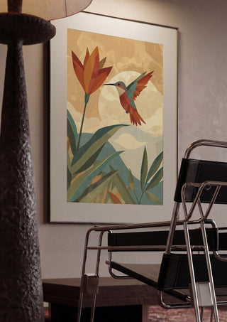 Hummingbird in Motion by ArtySjak framed in a dim room beside a tubular steel chair