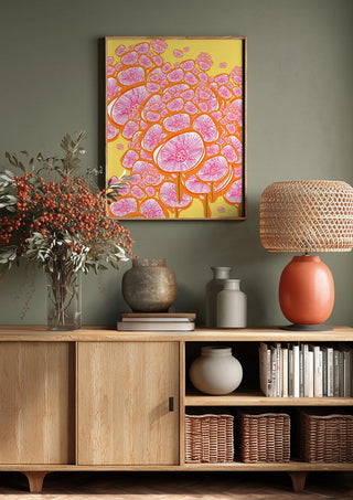 The happy meadow by Creationsbyeditabrus above a wooden sideboard on a sage green wall