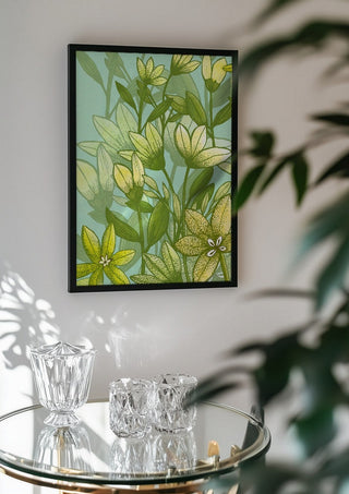 Buttercups in spring by Creationsbyeditabrus in a black frame above a glass table with crystal glassware