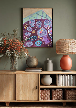 Dagen der på by DNF above a wooden sideboard on a sage green wall