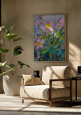 Japanese Anemone by DNF framed above a beige armchair beside a potted plant