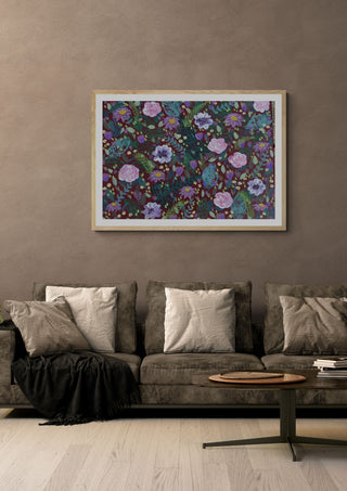 Hamble cottage by Rebecca Wright in a light oak frame on a warm grey wall above a brown sofa