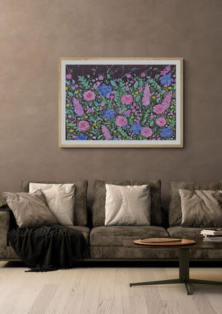 Dungeon Farm by Rebecca Wright in a light oak frame on a warm grey wall above a brown sofa