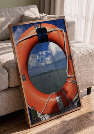 Three Layers of Presence by Bora Kőhalmi in a walnut frame leaning against a grey sofa