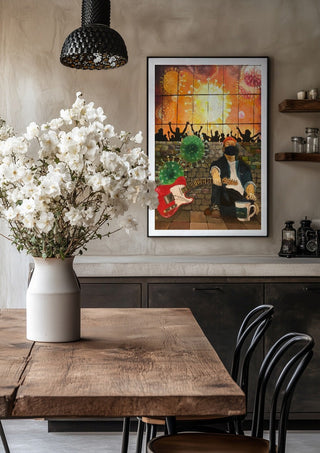 Corona Blues by Lefty-P in a black frame above a rustic table with white flowers