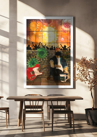 Corona Blues by Lefty-P hanging above a wooden dining table in warm sunlight