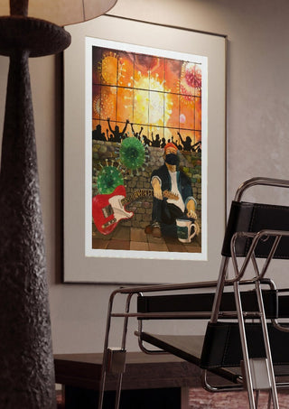 Corona Blues by Lefty-P framed in a dim room beside a tubular steel chair