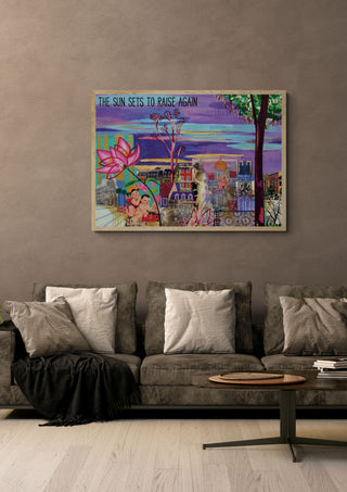 The sun sets to risa again by María Burgaz in a light oak frame on a warm grey wall above a brown sofa