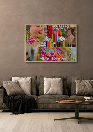 What can I do for you? by María Burgaz in a light oak frame on a warm grey wall above a brown sofa