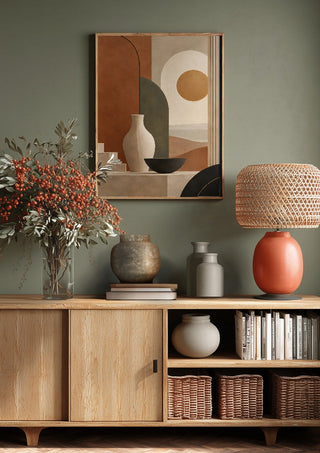 Earth Tones and Minimalist Shapes by TimlessArtworks above a wooden sideboard on a sage green wall