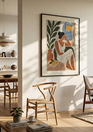 Contemplative Afternoon by TimlessArtworks in a large black frame in a bright dining room