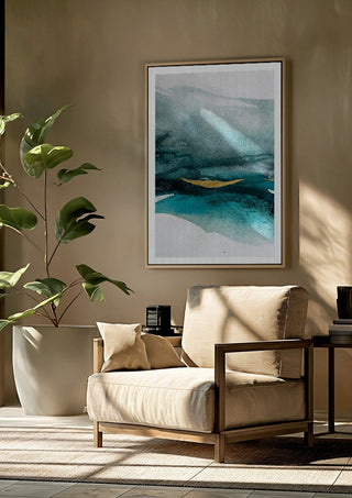 Emerald paradise by Tania Zubareva framed above a beige armchair beside a potted plant
