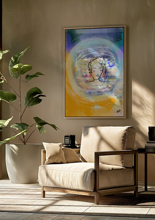 Rundarummet by FridaRit framed above a beige armchair beside a potted plant