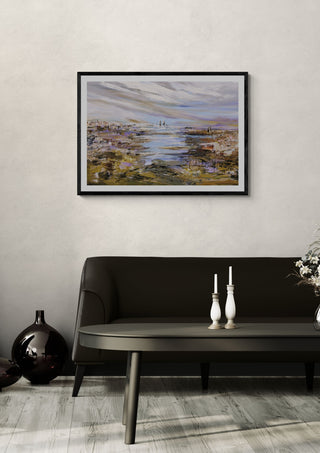 Sailorman by Art Anne Lee in a black frame on a pale wall above a dark sofa with candlesticks