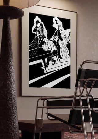 Jazz Quartet by Massimo Frascogna framed in a dim room beside a tubular steel chair