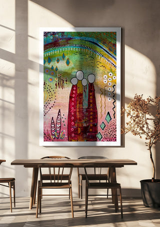 Fairy Tale 1 by Art Anne Lee hanging above a wooden dining table in warm sunlight