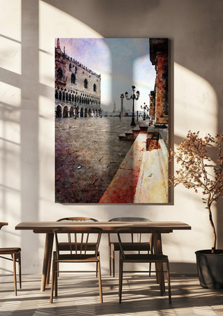 Venezia by Massimo Frascogna hanging above a wooden dining table in warm sunlight