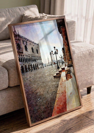 Venezia by Massimo Frascogna in a walnut frame leaning against a grey sofa