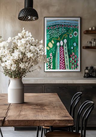 Fairy Tale 2 by Art Anne Lee in a black frame above a rustic table with white flowers
