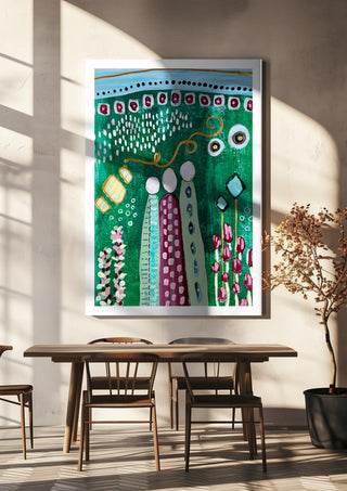 Fairy Tale 2 by Art Anne Lee hanging above a wooden dining table in warm sunlight