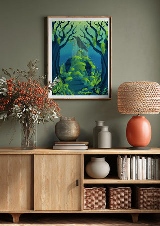 The Hierophant by Sciurus tarotus above a wooden sideboard on a sage green wall