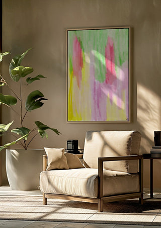 Pinky flow by FridaRit framed above a beige armchair beside a potted plant