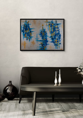 Tanz der Meere by ullimcart in a black frame on a pale wall above a dark sofa with candlesticks