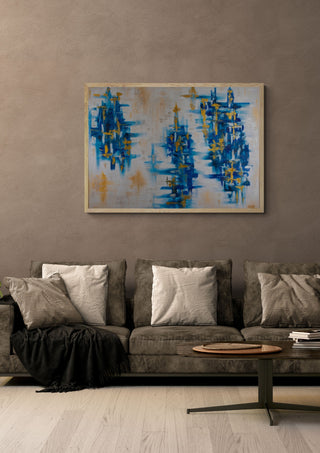 Tanz der Meere by ullimcart in a light oak frame on a warm grey wall above a brown sofa