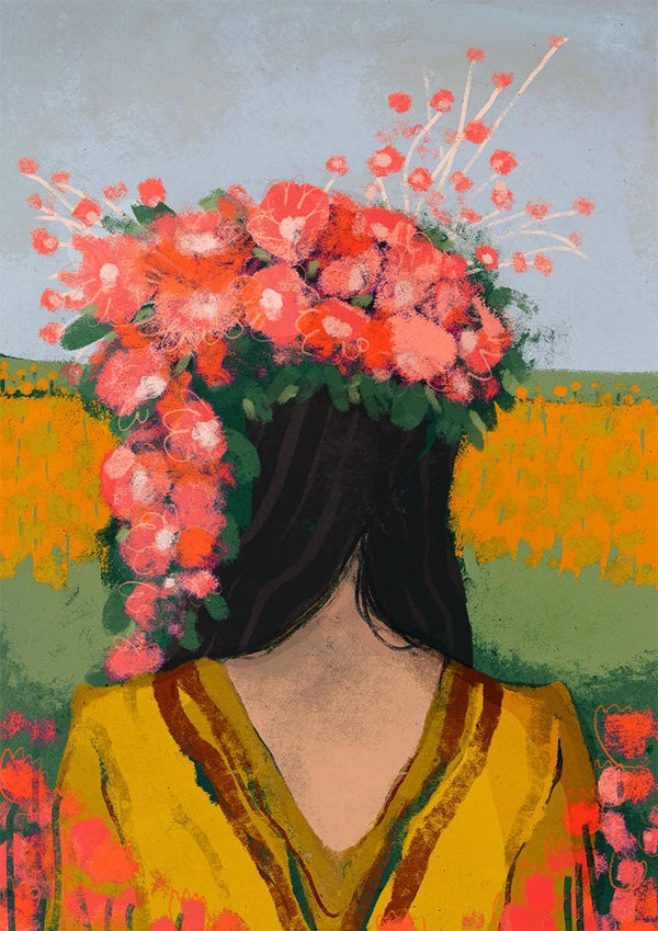 Person in a yellow dress with long dark hair, wearing a crown of pink flowers, stands in a field.
