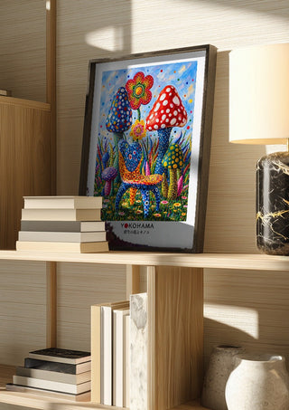The Dotted Chair by Yokohama in a dark frame on a wooden shelf beside books and a lamp
