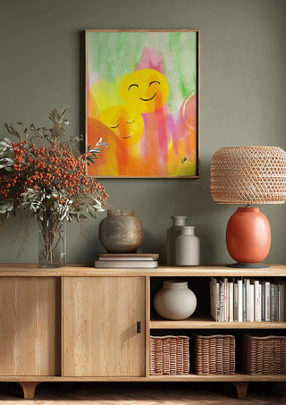 Smile and chill by FridaRit above a wooden sideboard on a sage green wall
