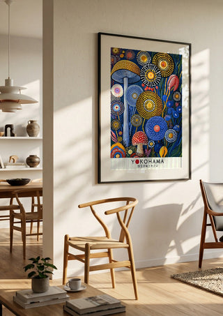 Dotted Garden at Night by Yokohama in a large black frame in a bright dining room