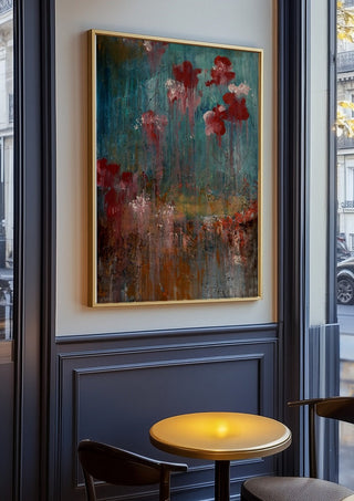 go with the flow(er) by hazelart in an oak frame on a panelled café wall
