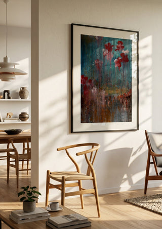 go with the flow(er) by hazelart in a black frame in a bright dining room with wooden chairs