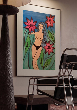 Body and Flowers. 2924 by Carmen Coduri framed in a dim room beside a tubular steel chair