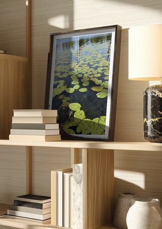 Sommarens sista andetag by Ljilja Marinic in a dark frame on a wooden shelf beside books and a lamp