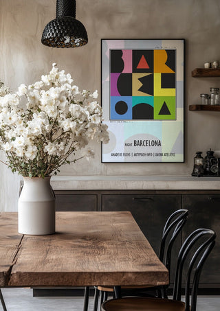 Night Barcelona - Term Signal by Amadeus Fuchs in a black frame above a rustic table with white flowers