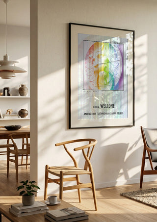 Vertical Welcome - Serial Signal by Amadeus Fuchs in a black frame in a bright dining room with wooden chairs