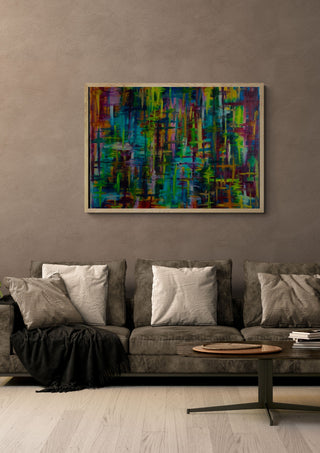 Colour Curtain by ullimcart in a light oak frame on a warm grey wall above a brown sofa