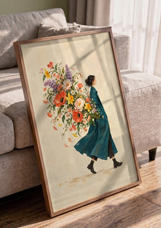 A Garden in Her Pocket by Matthews Gallerie in a walnut frame leaning against a grey sofa