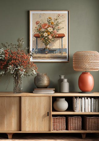 Spring Missed the Bus by Matthews Gallerie above a wooden sideboard on a sage green wall