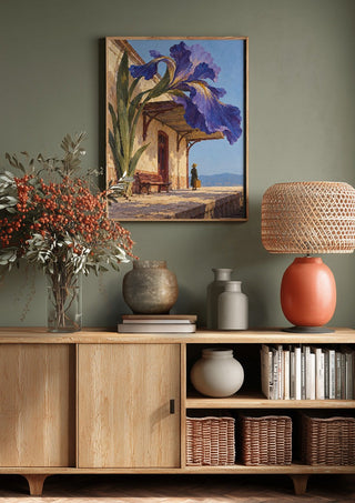 The Station in Bloom by Matthews Gallerie above a wooden sideboard on a sage green wall