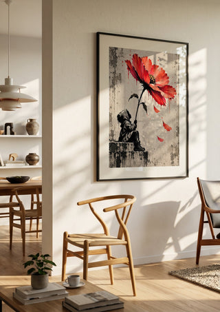 Under a Scarlet Bloom by Matthews Gallerie in a black frame in a bright dining room with wooden chairs