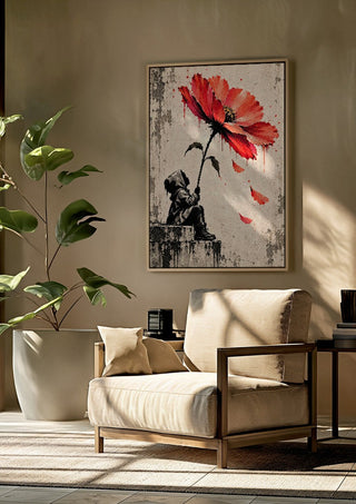 Under a Scarlet Bloom by Matthews Gallerie framed above a beige armchair beside a potted plant
