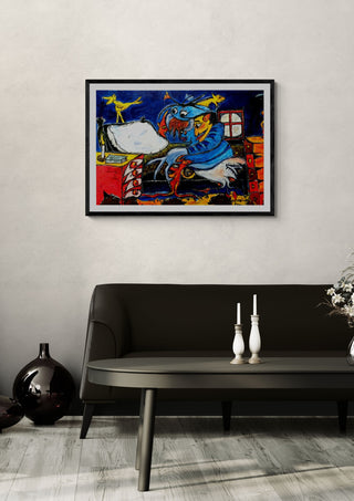 Transformação (Transformation) by Corre-Pé in a black frame on a pale wall above a dark sofa with candlesticks