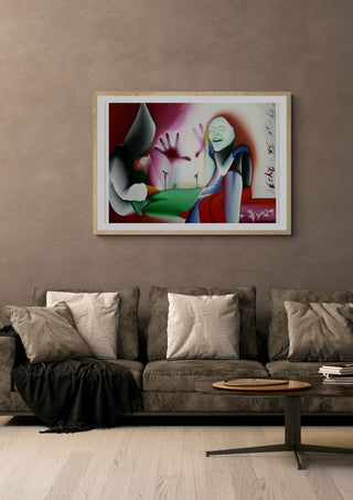 Ténue véu entre o Génio e a Loucura by Luis Valquaresma in a light oak frame on a warm grey wall above a brown sofa