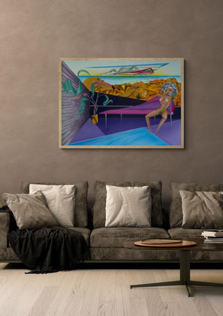 Egentid (Shadowless Times) by Emil Walli in a light oak frame on a warm grey wall above a brown sofa